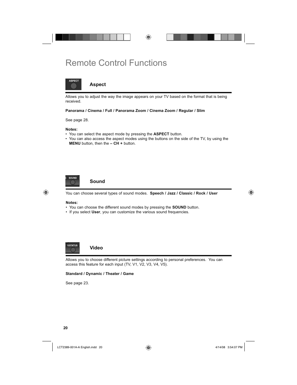 Aspect, Sound, Video | Remote control functions | JVC 0208KTH-II-IM User Manual | Page 20 / 52