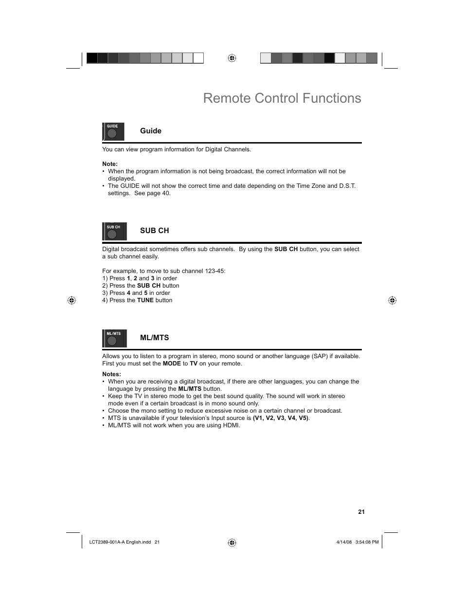 Guide, Sub ch, Ml/mts | Remote control functions | JVC 0208KTH-II-IM User Manual | Page 21 / 52