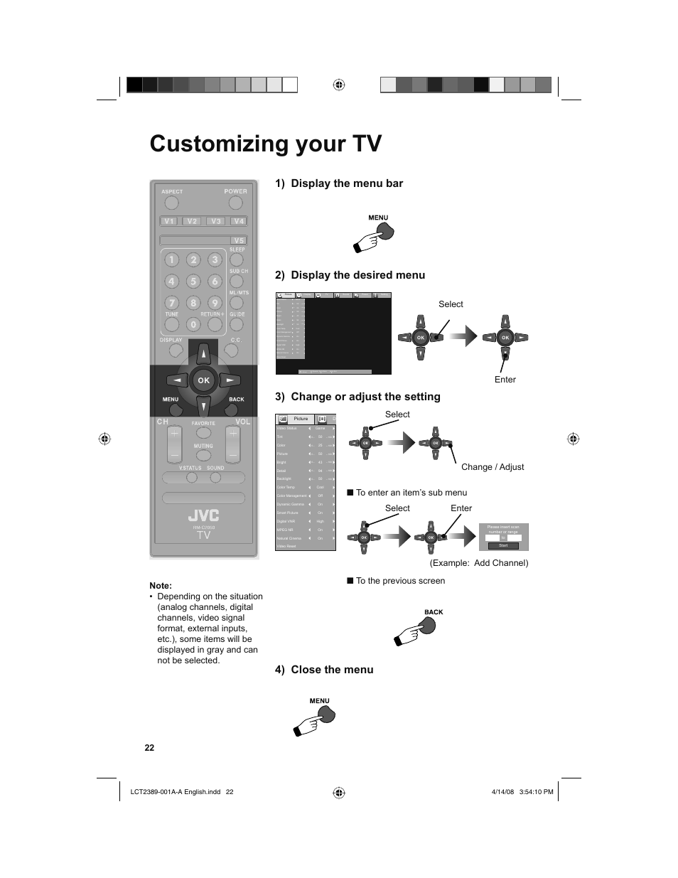 Customizing your tv, 1) display the menu bar, 2) display the desired menu | 3) change or adjust the setting, 4) close the menu, Back, Menu, Select, Enter, Example: add channel) | JVC 0208KTH-II-IM User Manual | Page 22 / 52