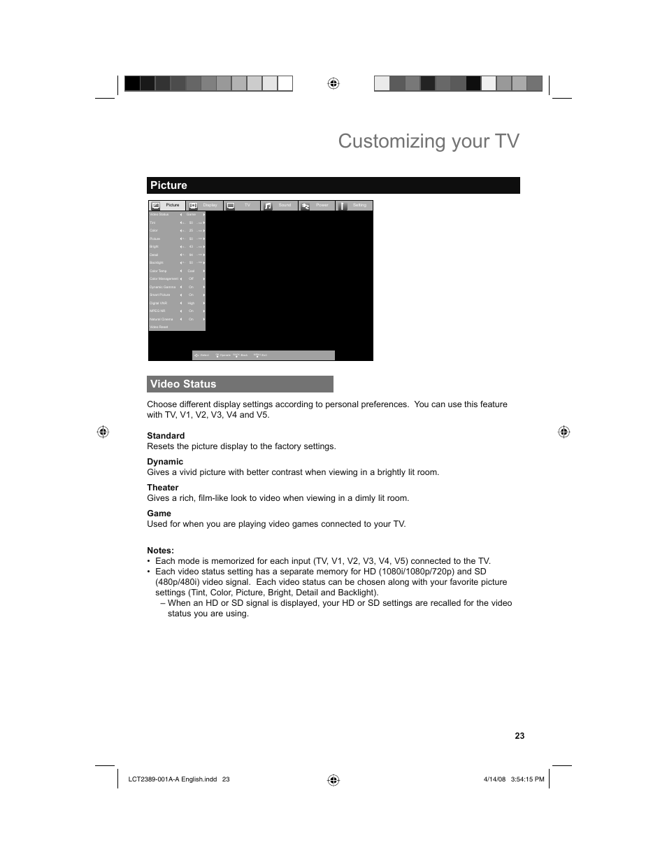 Picture, Video status, Customizing your tv | JVC 0208KTH-II-IM User Manual | Page 23 / 52