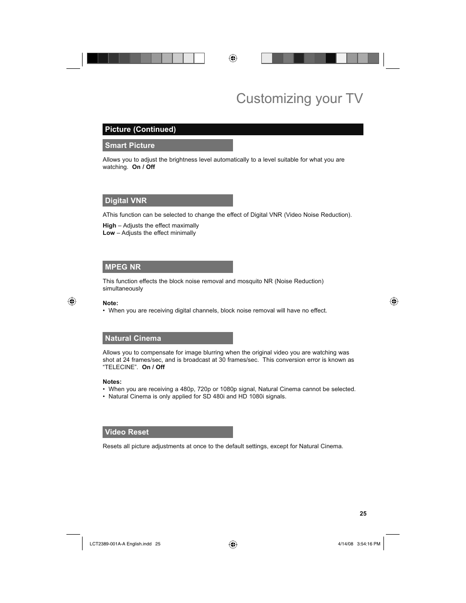 Smart picture, Digital vnr, Mpeg nr | Natural cinema, Video reset, Customizing your tv | JVC 0208KTH-II-IM User Manual | Page 25 / 52