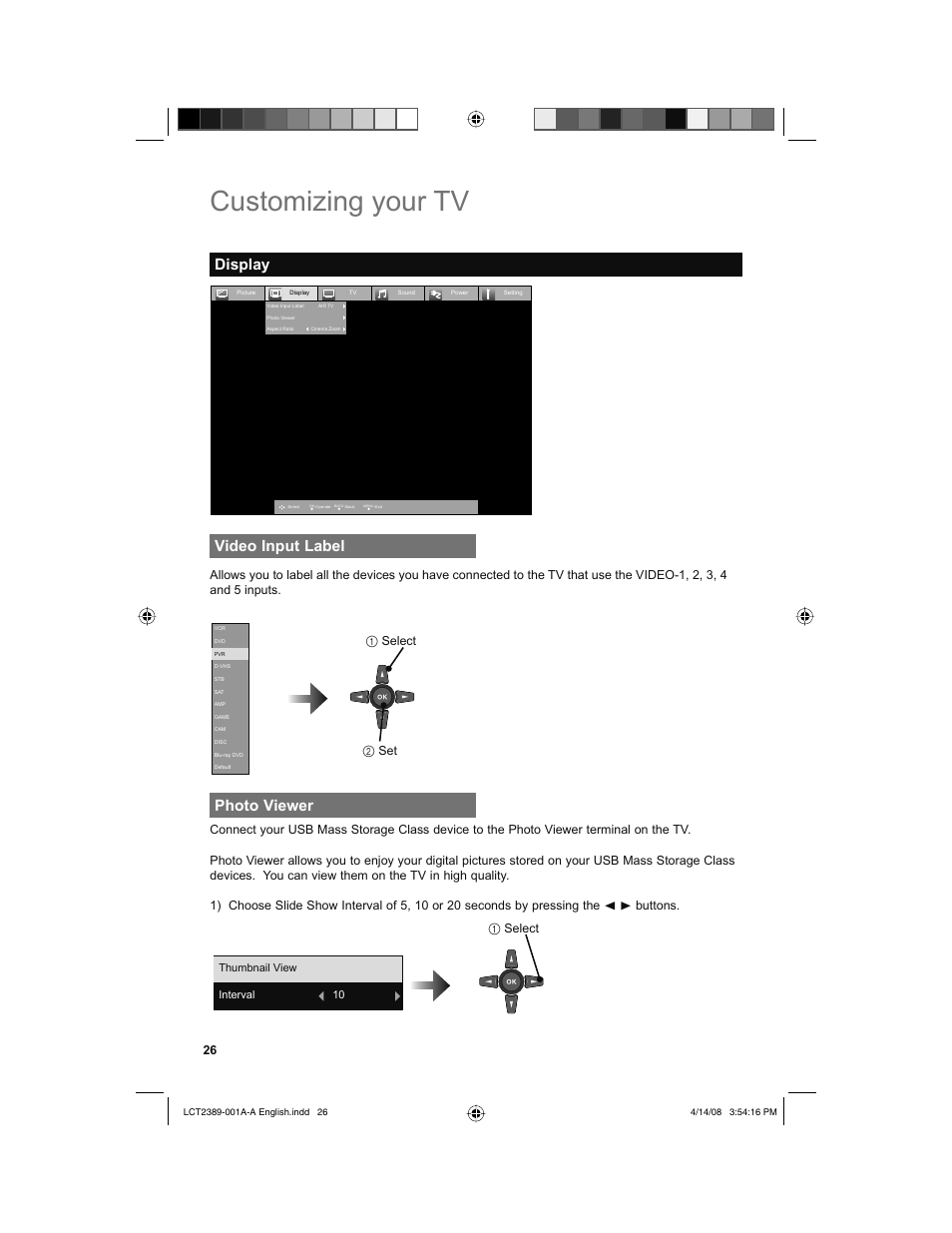Display, Video input label, Photo viewer | Customizing your tv, 1select 2 set | JVC 0208KTH-II-IM User Manual | Page 26 / 52