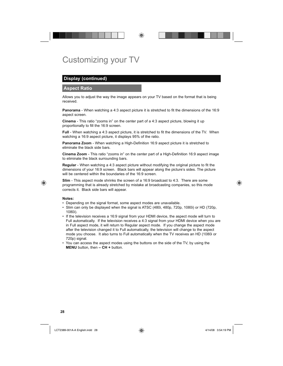 Aspect ratio, Customizing your tv | JVC 0208KTH-II-IM User Manual | Page 28 / 52