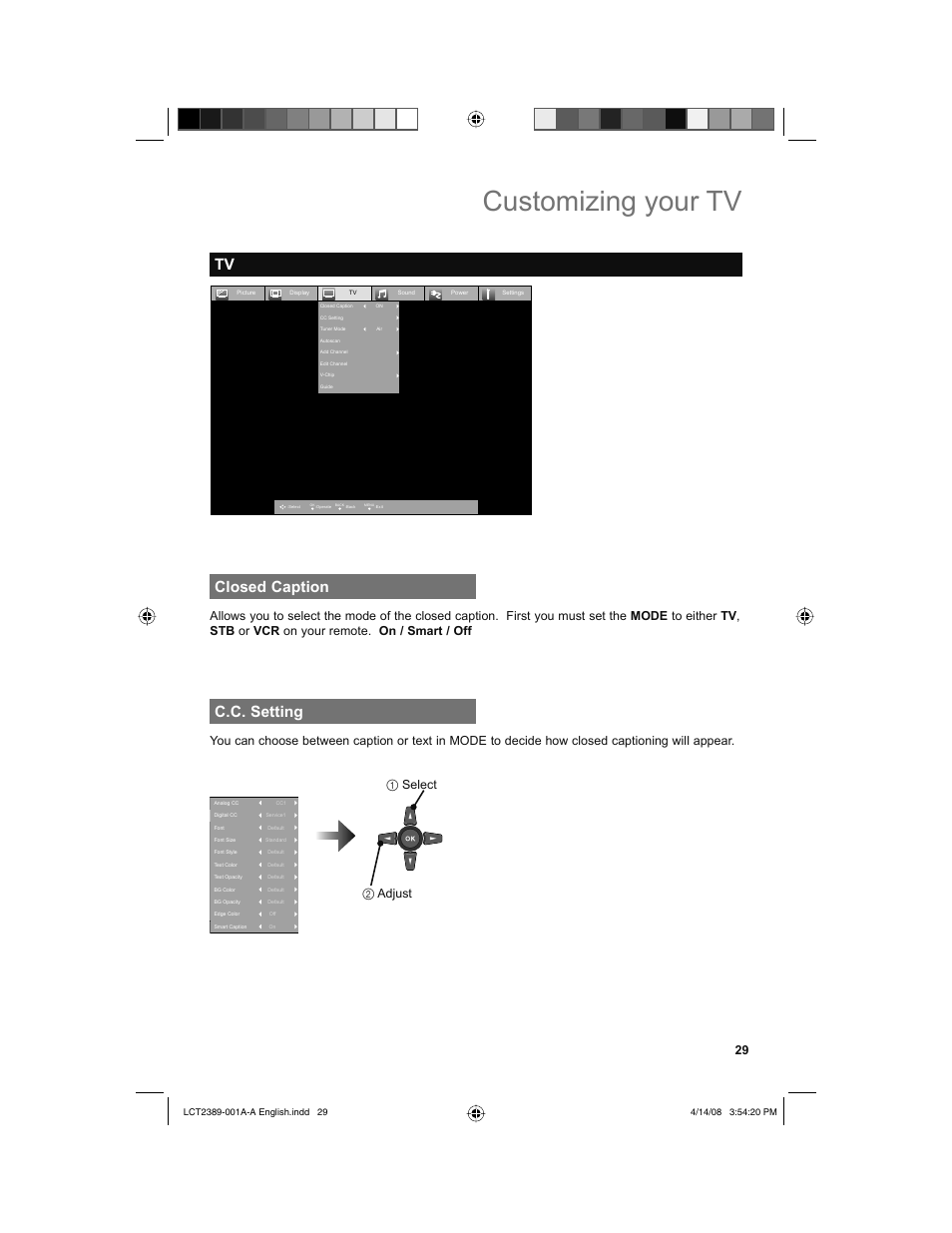 Closed caption, C.c. setting, Customizing your tv | JVC 0208KTH-II-IM User Manual | Page 29 / 52