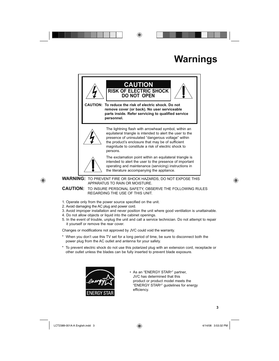 Warnings, Caution, Risk of electric shock do not open | JVC 0208KTH-II-IM User Manual | Page 3 / 52