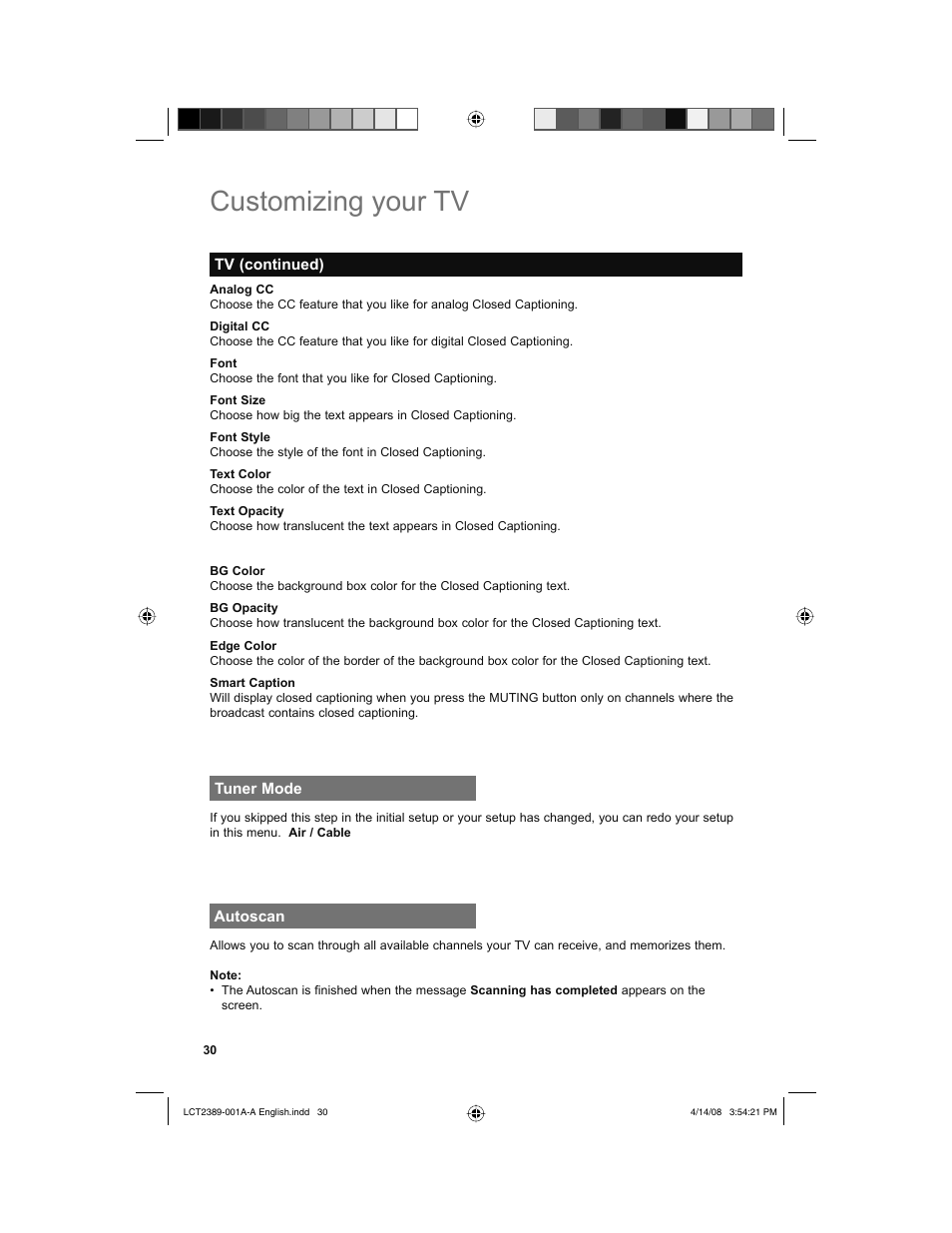 Tuner mode, Autoscan, Customizing your tv | JVC 0208KTH-II-IM User Manual | Page 30 / 52