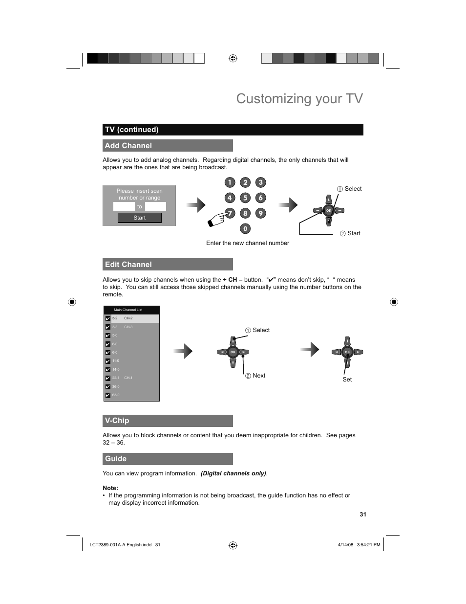 Add channel, Edit channel, V-chip | Guide, Customizing your tv, Tv (continued) v-chip | JVC 0208KTH-II-IM User Manual | Page 31 / 52