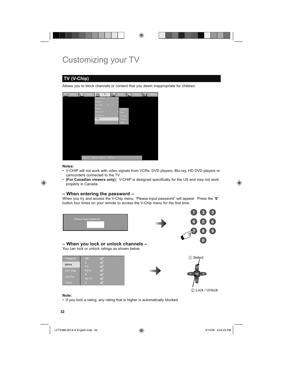 Customizing your tv, Tv (v-chip), When entering the password | When you lock or unlock channels | JVC 0208KTH-II-IM User Manual | Page 32 / 52