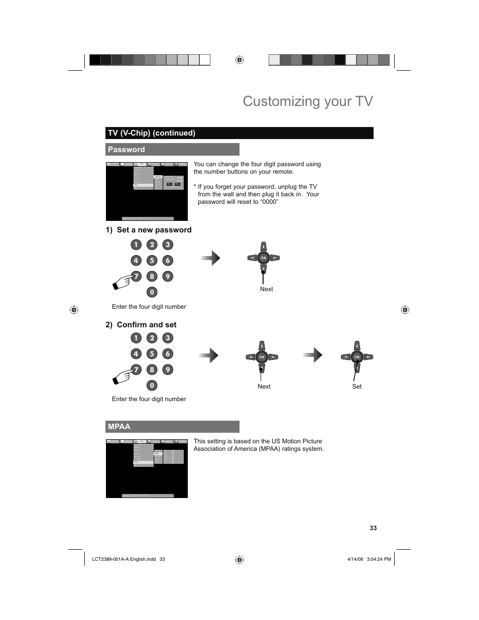 Password, Mpaa, Customizing your tv | 1) set a new password, 2) confi rm and set, Tv (v-chip) (continued), Back, Menu, Next | JVC 0208KTH-II-IM User Manual | Page 33 / 52