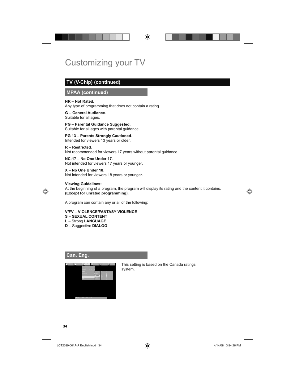 Can. eng, Customizing your tv, Mpaa (continued) | Tv (v-chip) (continued), Back, Menu, This setting is based on the canada ratings system | JVC 0208KTH-II-IM User Manual | Page 34 / 52
