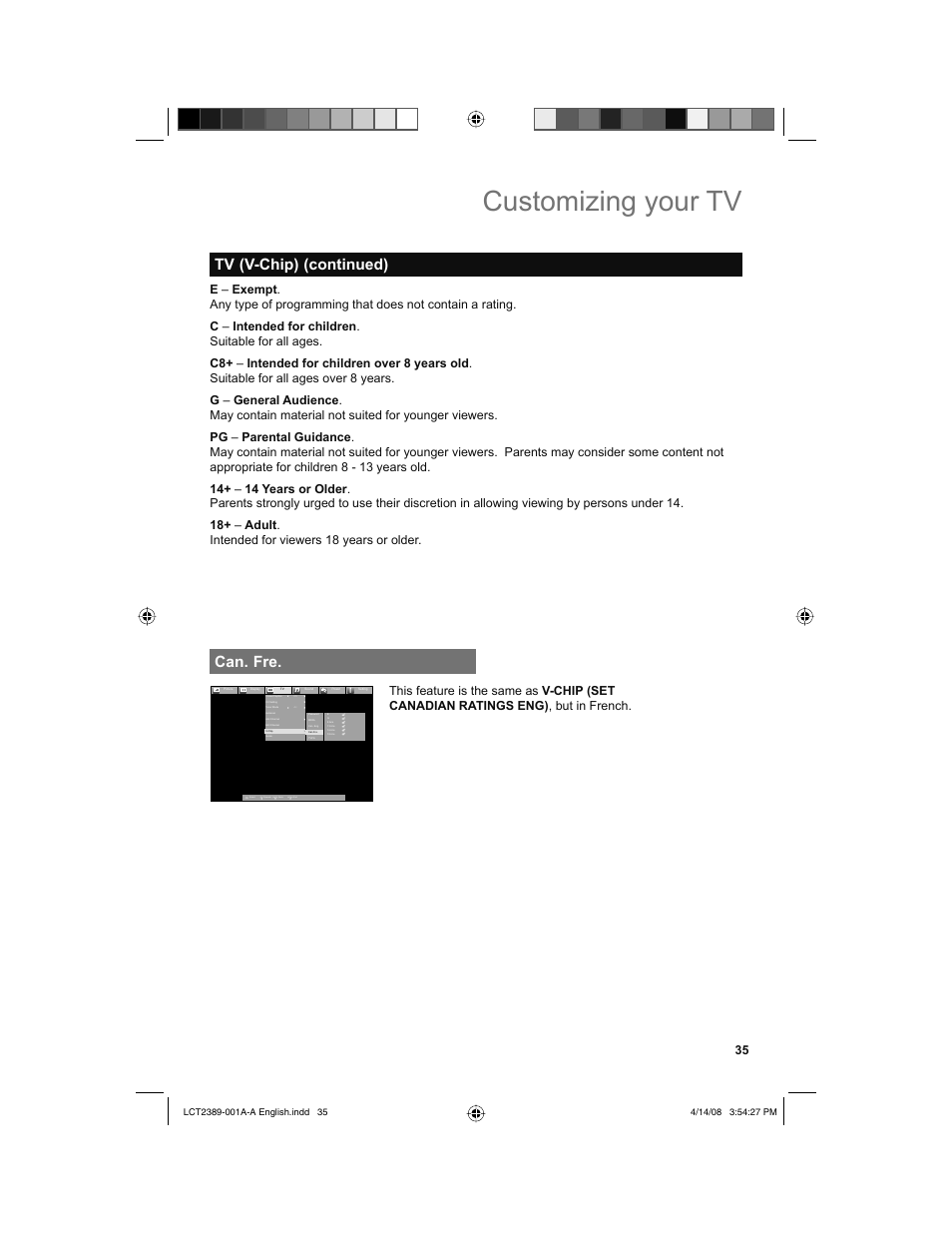 Can. fre, Customizing your tv, Tv (v-chip) (continued) | Back, Menu | JVC 0208KTH-II-IM User Manual | Page 35 / 52