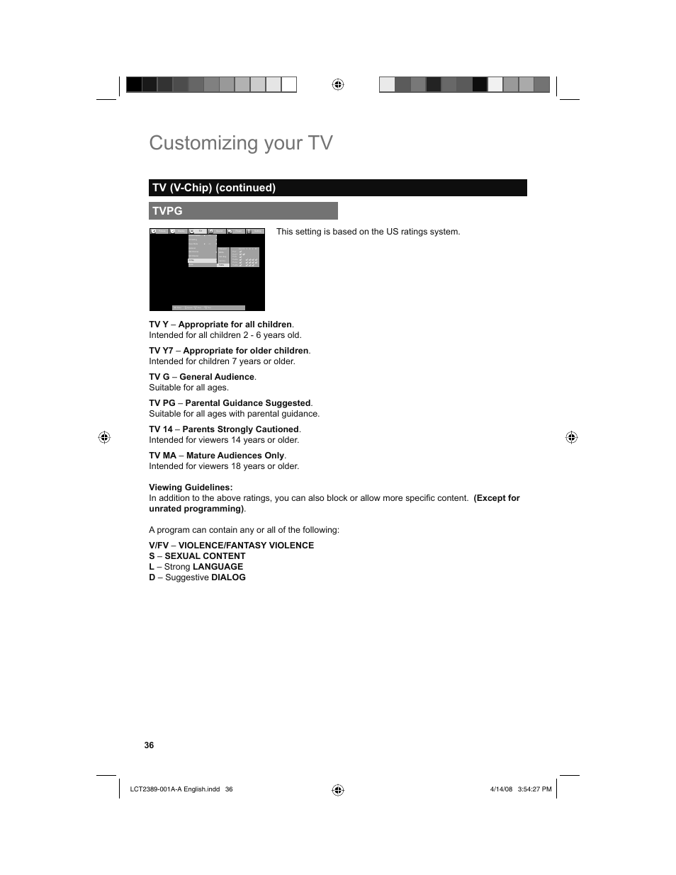 Tvpg, Customizing your tv, Tv (v-chip) (continued) | Back, Menu, This setting is based on the us ratings system | JVC 0208KTH-II-IM User Manual | Page 36 / 52