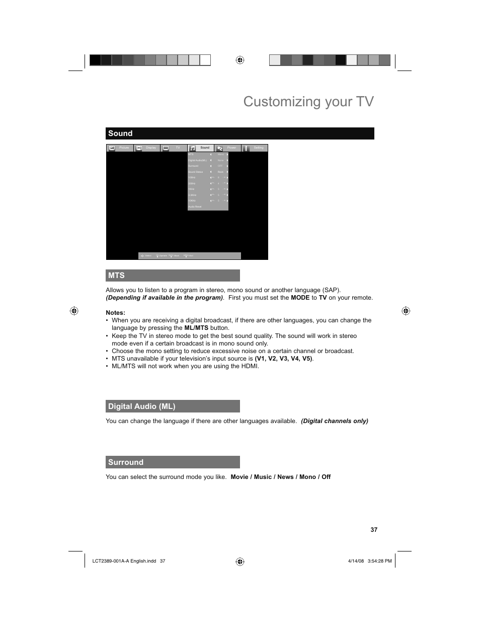 Sound, Digital audio (ml), Surround | Customizing your tv, Sound mts | JVC 0208KTH-II-IM User Manual | Page 37 / 52