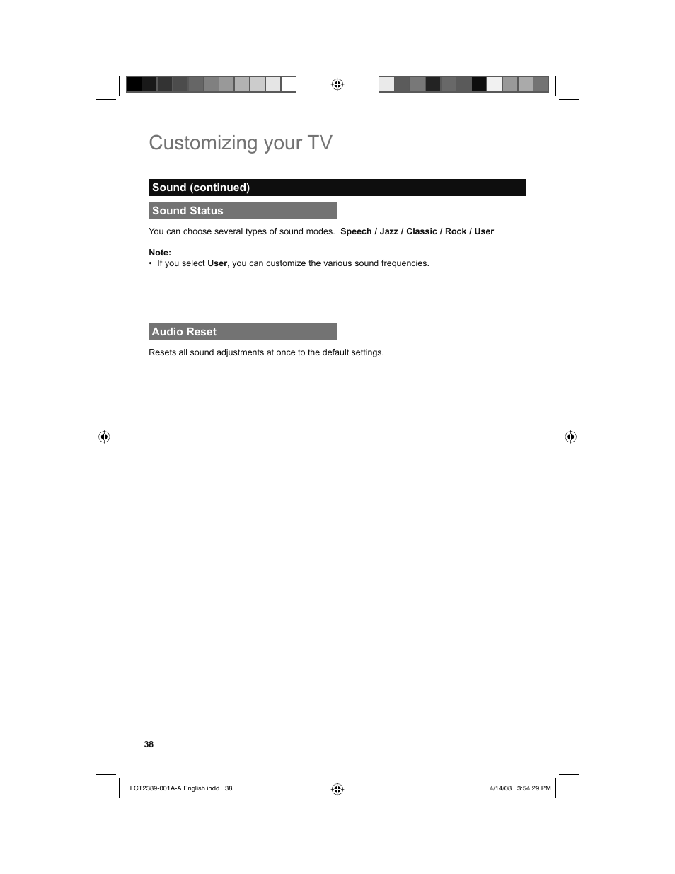 Sound status, Audio reset, Customizing your tv | JVC 0208KTH-II-IM User Manual | Page 38 / 52