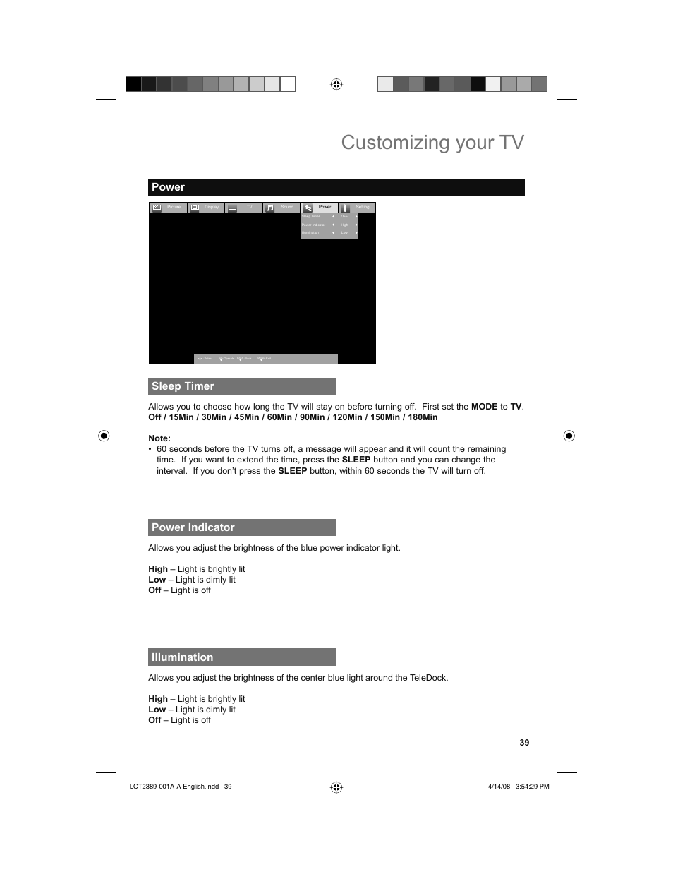 Power, Sleep timer, Power indicator | Illumination, Customizing your tv, Power sleep timer | JVC 0208KTH-II-IM User Manual | Page 39 / 52
