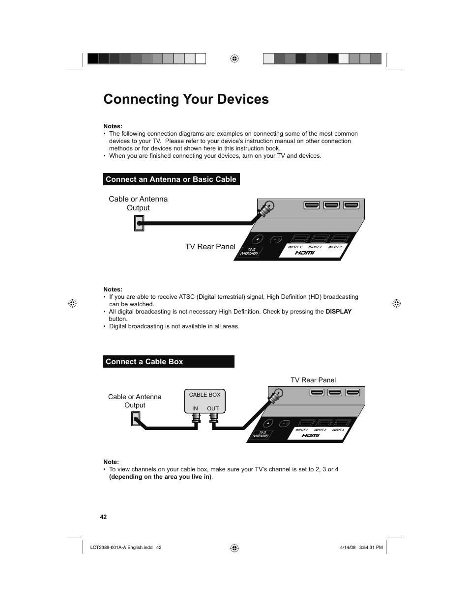 Connecting your devices, Connect an antenna or basic cable, Connect a cable box | JVC 0208KTH-II-IM User Manual | Page 42 / 52