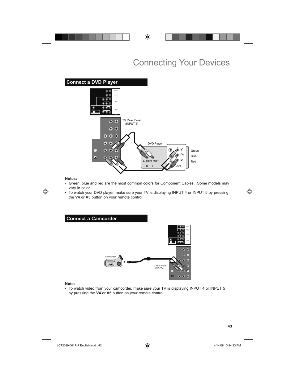 Connect a dvd player, Connect a camcorder, Connecting your devices | JVC 0208KTH-II-IM User Manual | Page 43 / 52