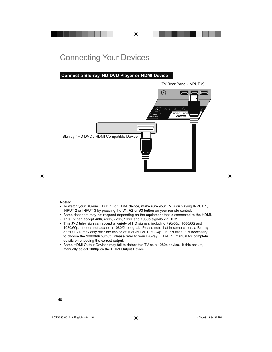 Connect a blu-ray, hd dvd player or hdmi device, Connecting your devices | JVC 0208KTH-II-IM User Manual | Page 46 / 52