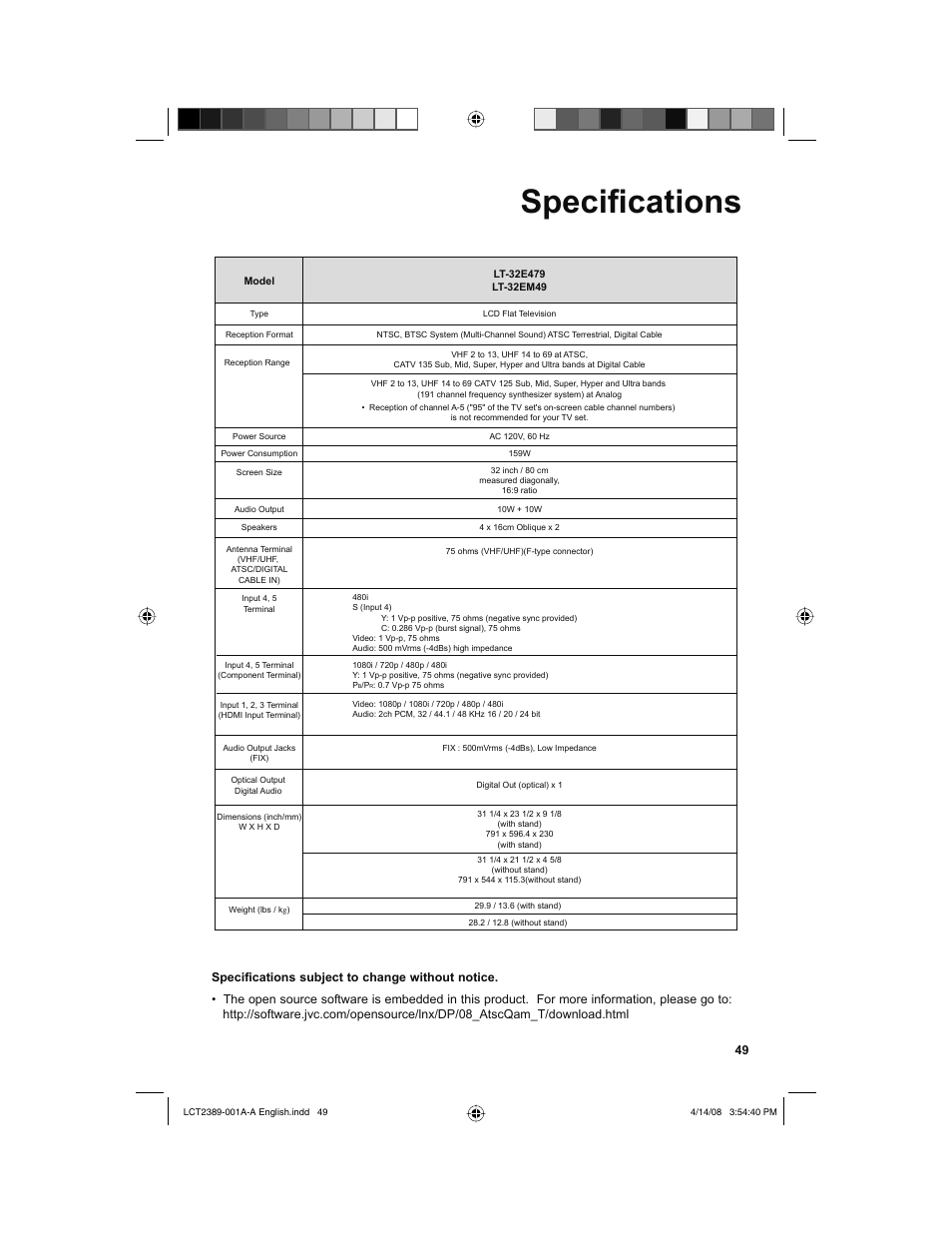 Specifi cations | JVC 0208KTH-II-IM User Manual | Page 49 / 52