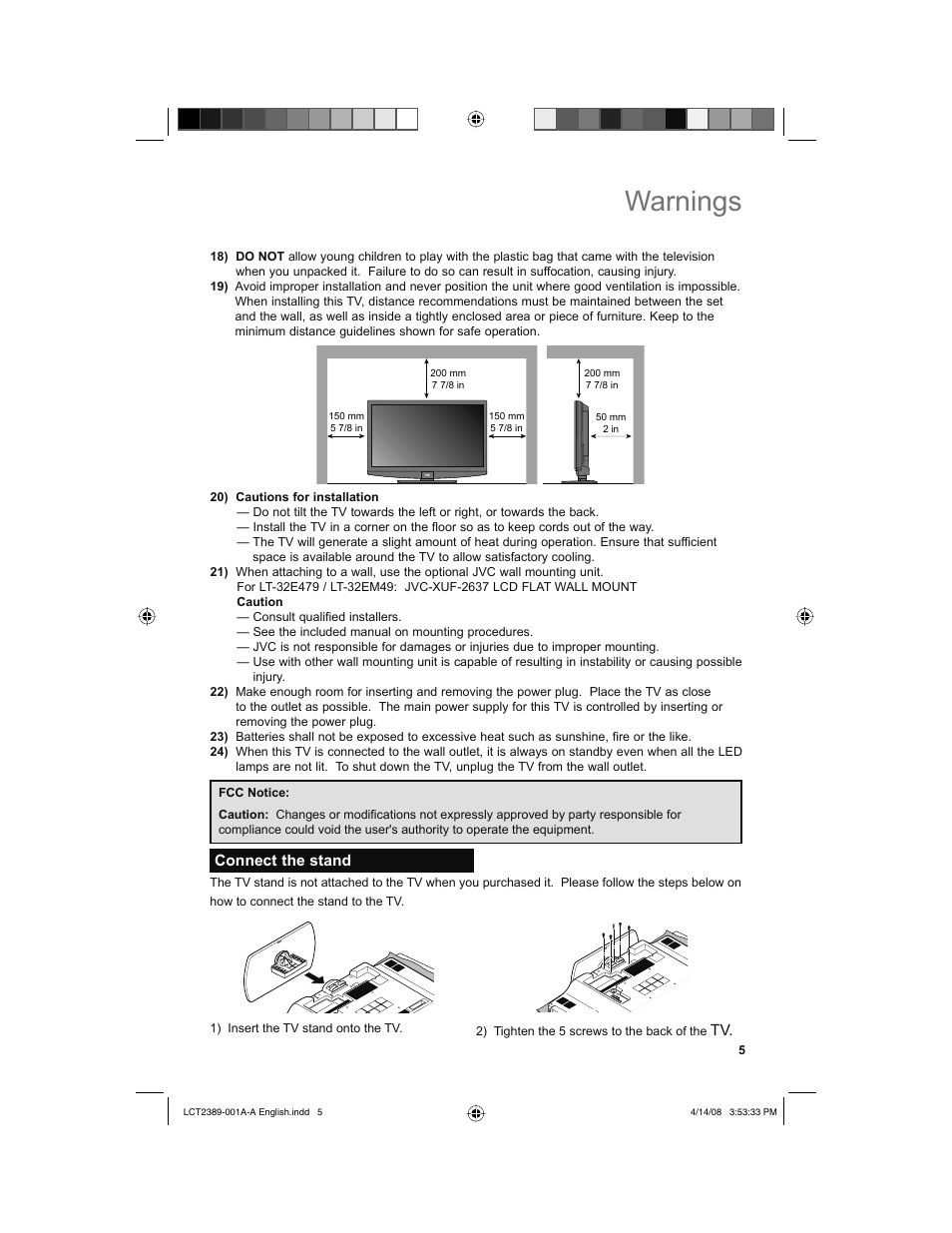 Connect the stand, Warnings | JVC 0208KTH-II-IM User Manual | Page 5 / 52