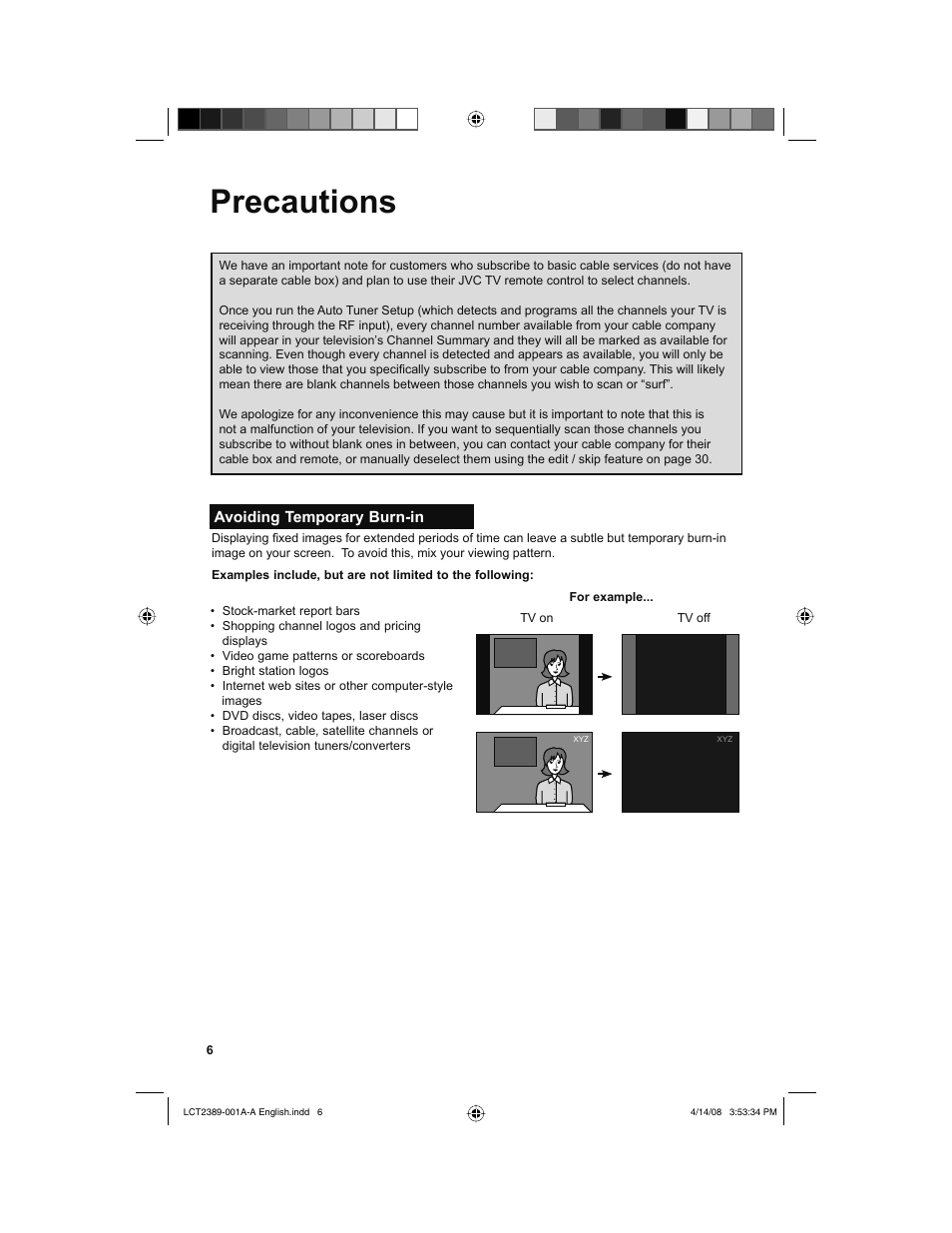 Precautions, Avoiding temporary burn-in | JVC 0208KTH-II-IM User Manual | Page 6 / 52