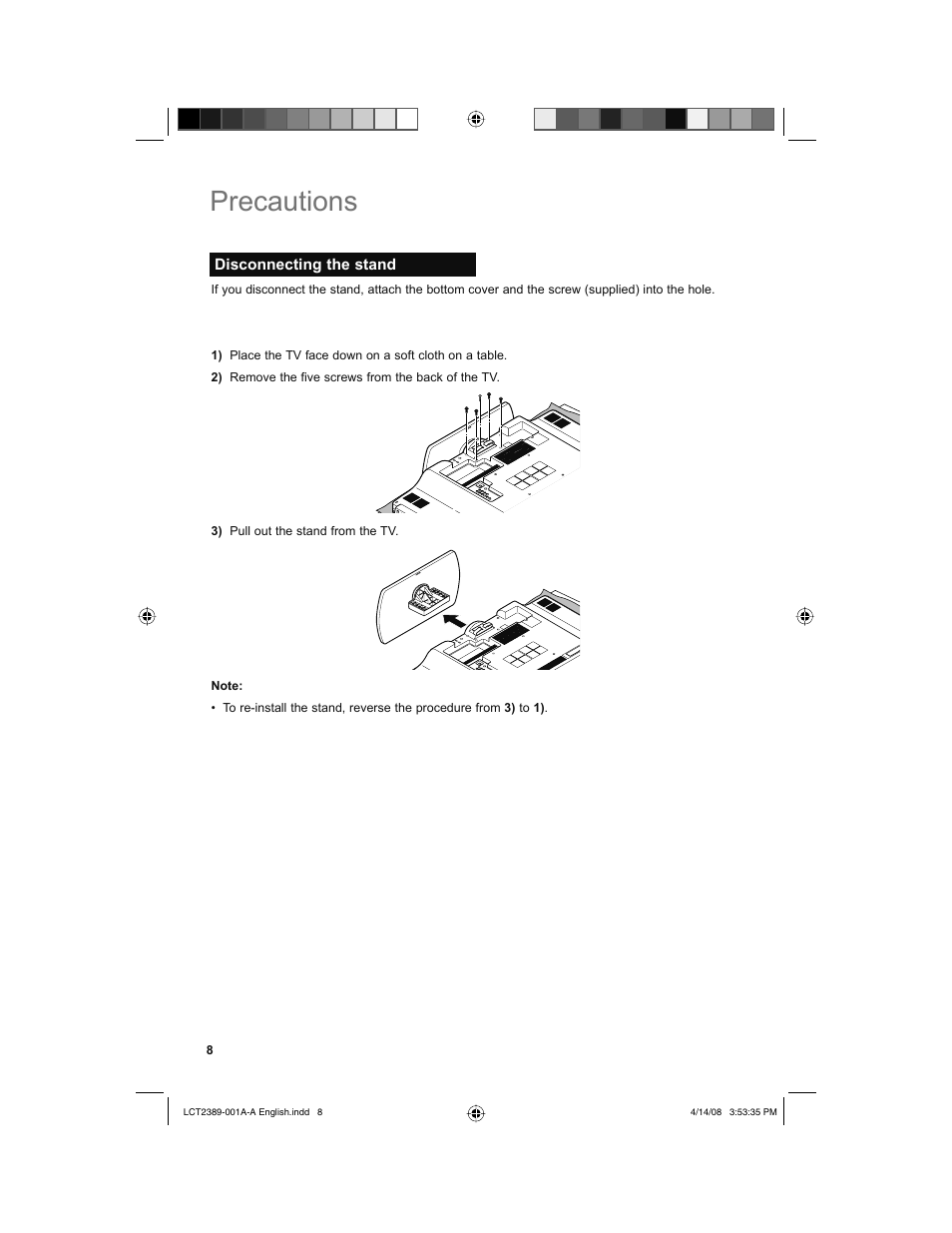 Disconnecting the stand, Precautions | JVC 0208KTH-II-IM User Manual | Page 8 / 52