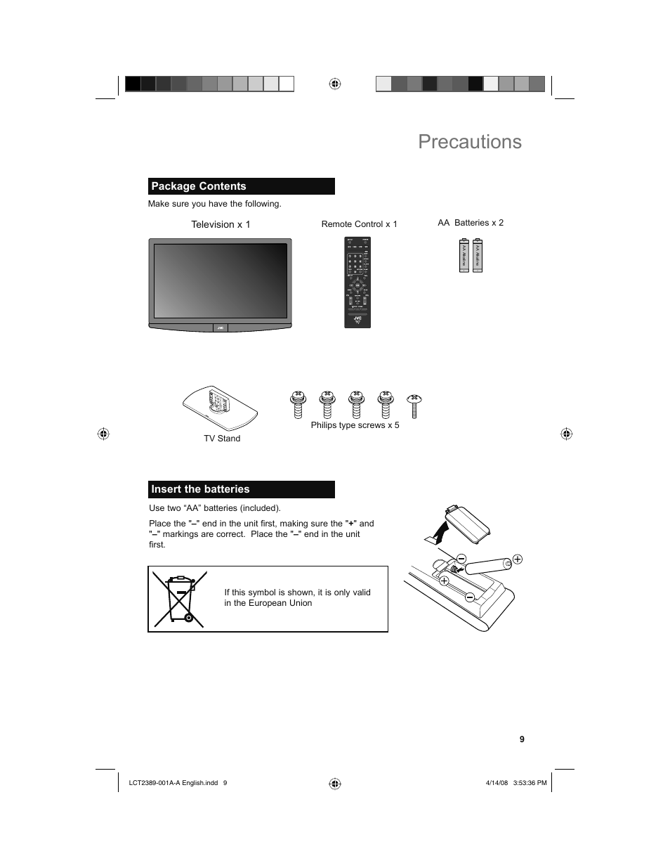 Package contents, Insert the batteries, Precautions | Television x 1 | JVC 0208KTH-II-IM User Manual | Page 9 / 52