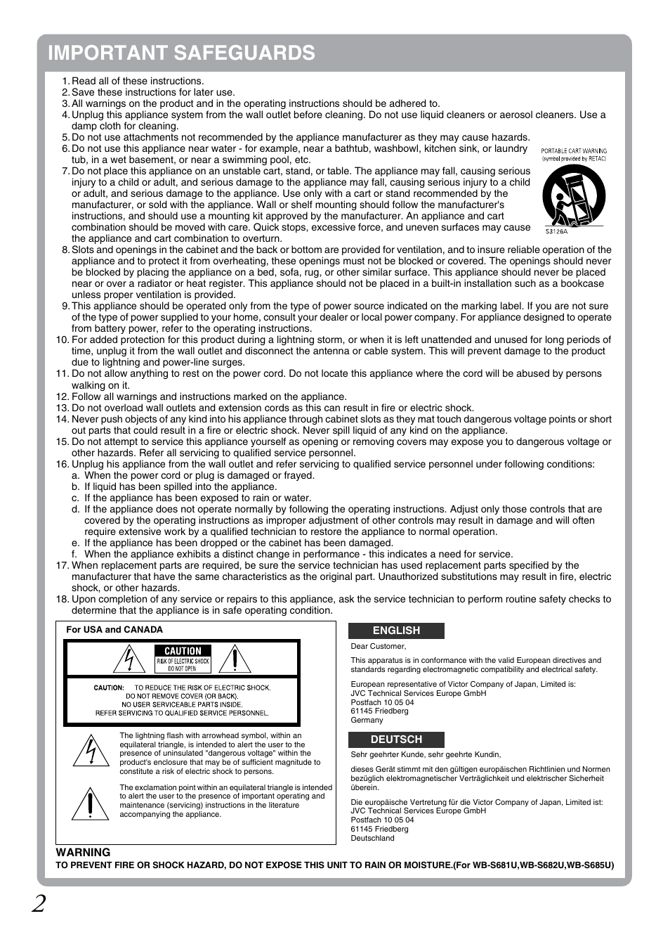 Important safeguards | JVC WB-S681U User Manual | Page 2 / 24