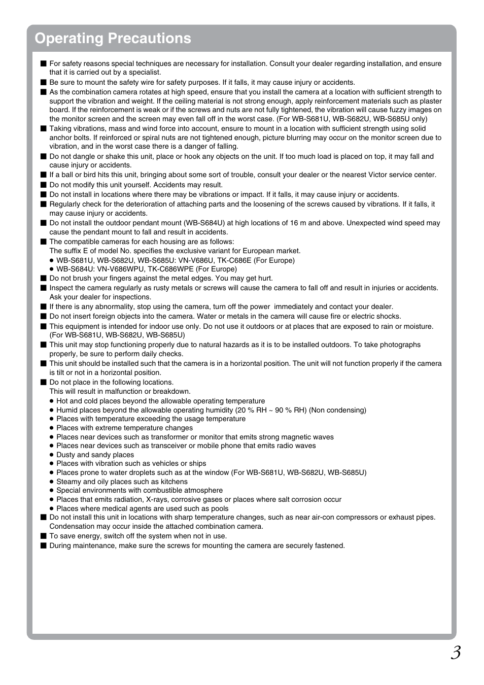 Operating precautions | JVC WB-S681U User Manual | Page 3 / 24