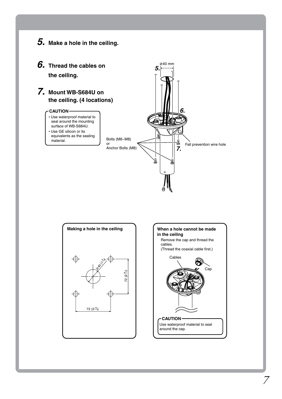 Make a hole in the ceiling, Thread the cables on the ceiling, Mount wb-s684u on the ceiling. (4 locations) | JVC WB-S681U User Manual | Page 7 / 24