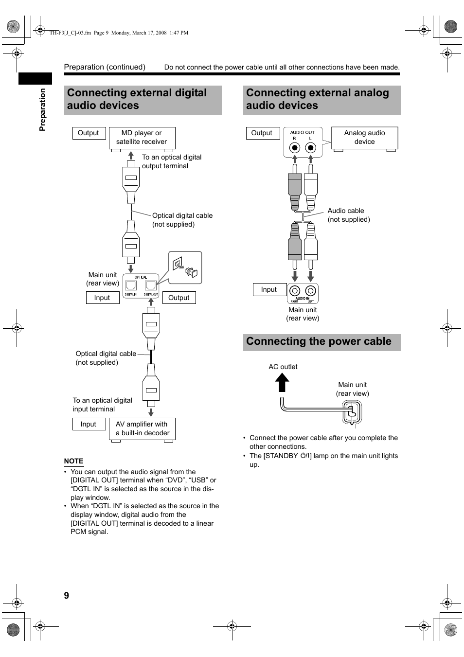 Connecting external digital audio devices, Connecting external analog audio devices, Connecting the power cable | JVC LVT1833-001B User Manual | Page 14 / 68