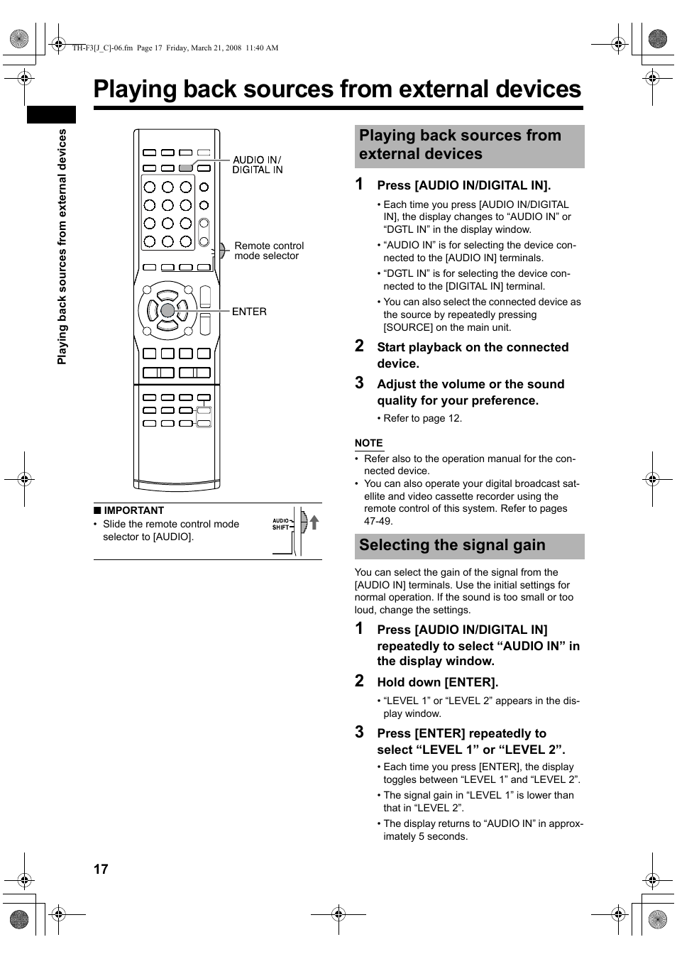 Playing back sources from external devices, Selecting the signal gain | JVC LVT1833-001B User Manual | Page 22 / 68