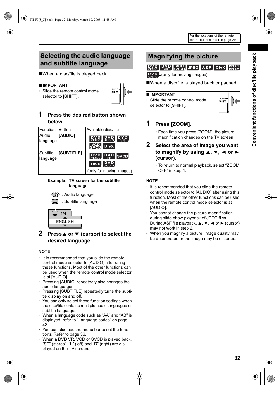 Selecting the audio language and subtitle language, Magnifying the picture | JVC LVT1833-001B User Manual | Page 37 / 68