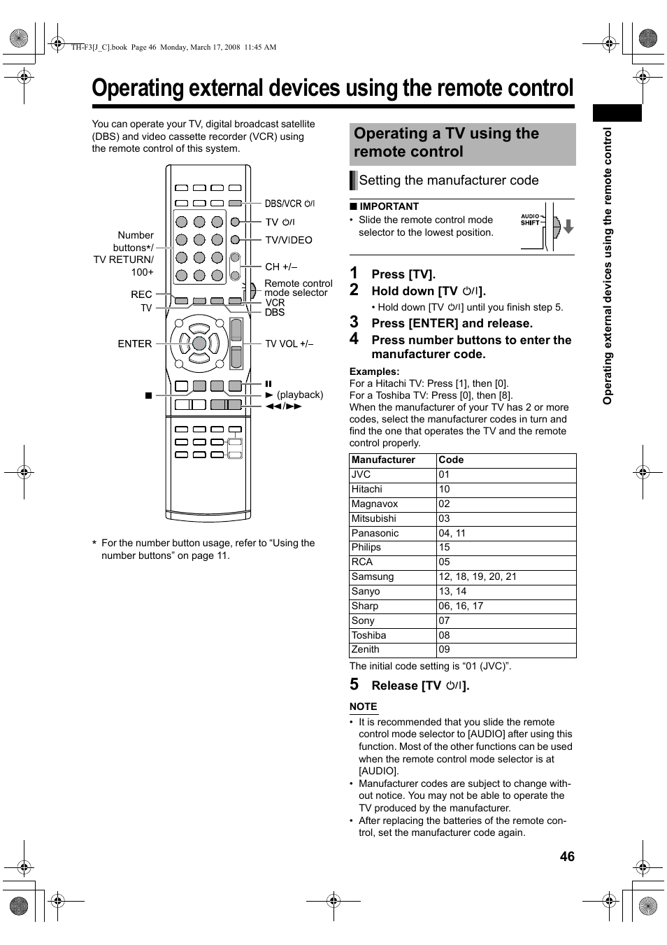 Operating a tv using the remote control, Setting the manufacturer code | JVC LVT1833-001B User Manual | Page 51 / 68