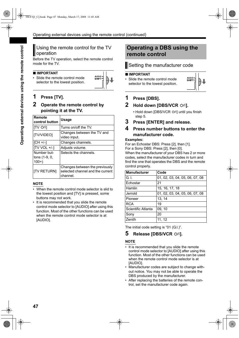 Operating a dbs using the remote control, Using the remote control for the tv operation, Setting the manufacturer code | JVC LVT1833-001B User Manual | Page 52 / 68