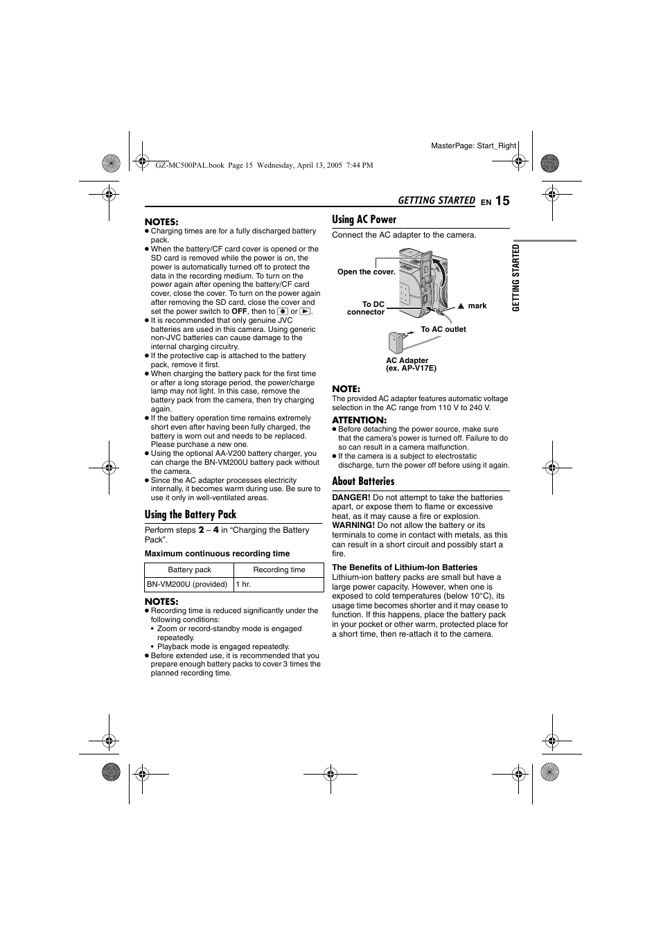 Using the battery pack, Using ac power, About batteries | JVC GZ-MC500E/EK User Manual | Page 15 / 64