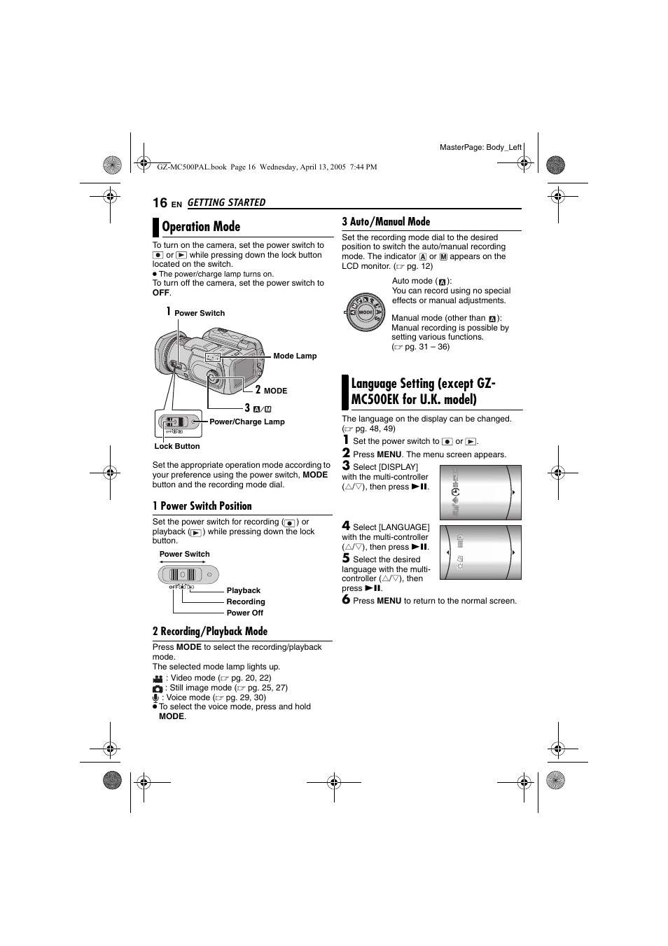 Operation mode, 1 power switch position, 2 recording/playback mode | 3 auto/manual mode, Operation mode language setting, N [mode] (੬ pg. 16), Al (੬ pg. 16, N (੬ pg. 16), Pg. 16), R (੬ pg. 16) | JVC GZ-MC500E/EK User Manual | Page 16 / 64