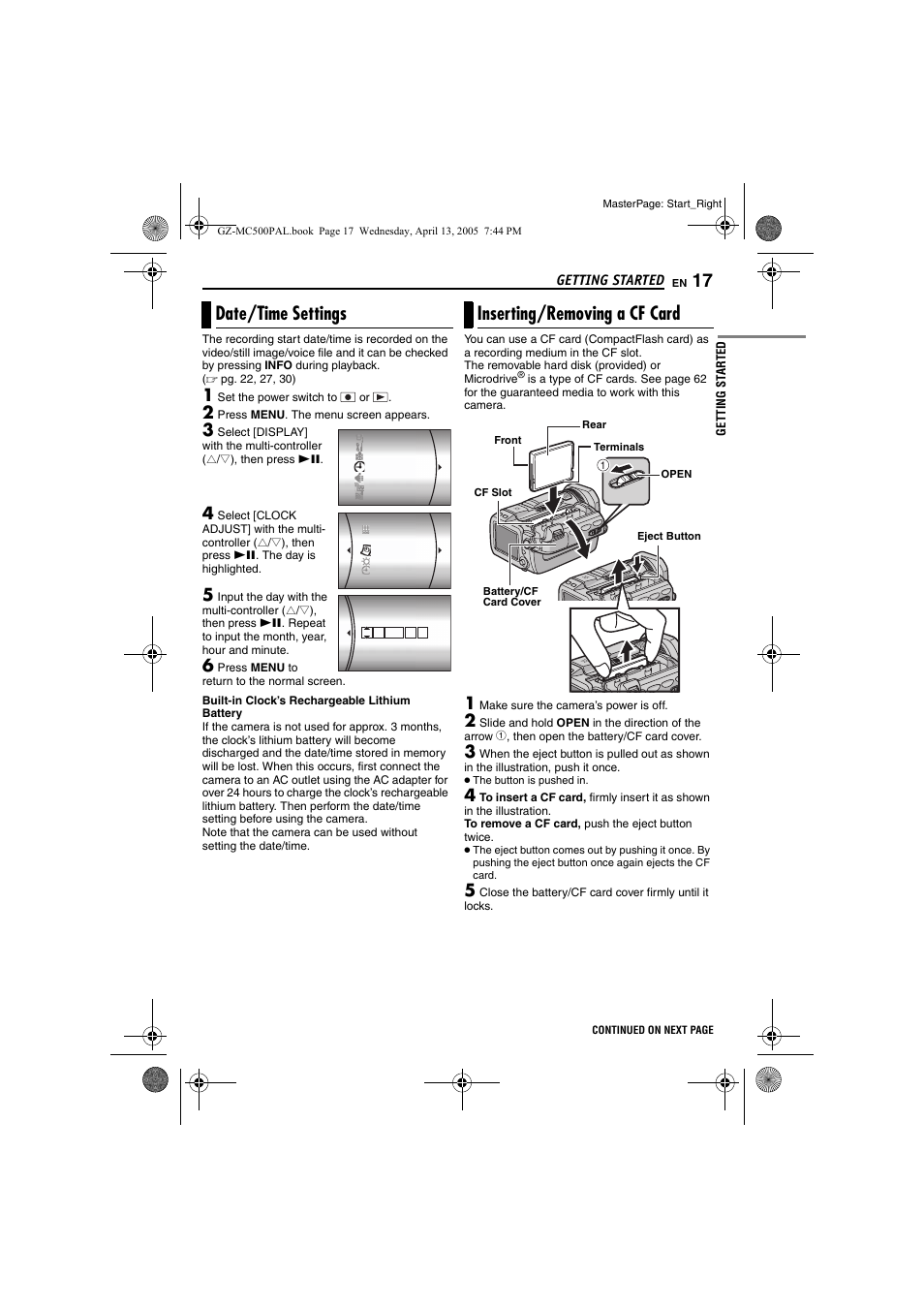 Date/time settings, Inserting/removing a cf card, Date/time settings inserting/removing a cf card | Getting started | JVC GZ-MC500E/EK User Manual | Page 17 / 64