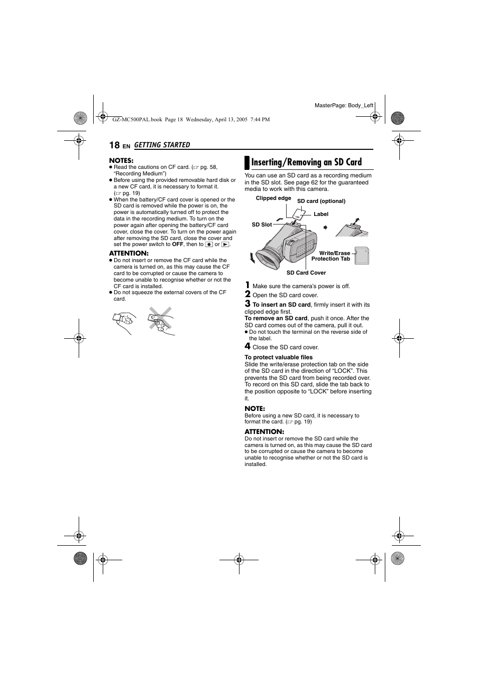 Inserting/removing an sd card, Pg. 18) | JVC GZ-MC500E/EK User Manual | Page 18 / 64