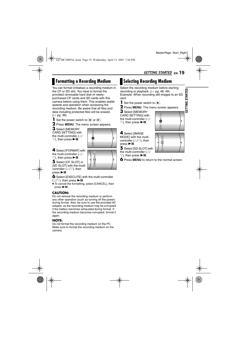 Formatting a recording medium, Selecting recording medium, Pg. 19, 49 | Pg. 19, Pg. 19, 49), Pg. 19), Getting started | JVC GZ-MC500E/EK User Manual | Page 19 / 64