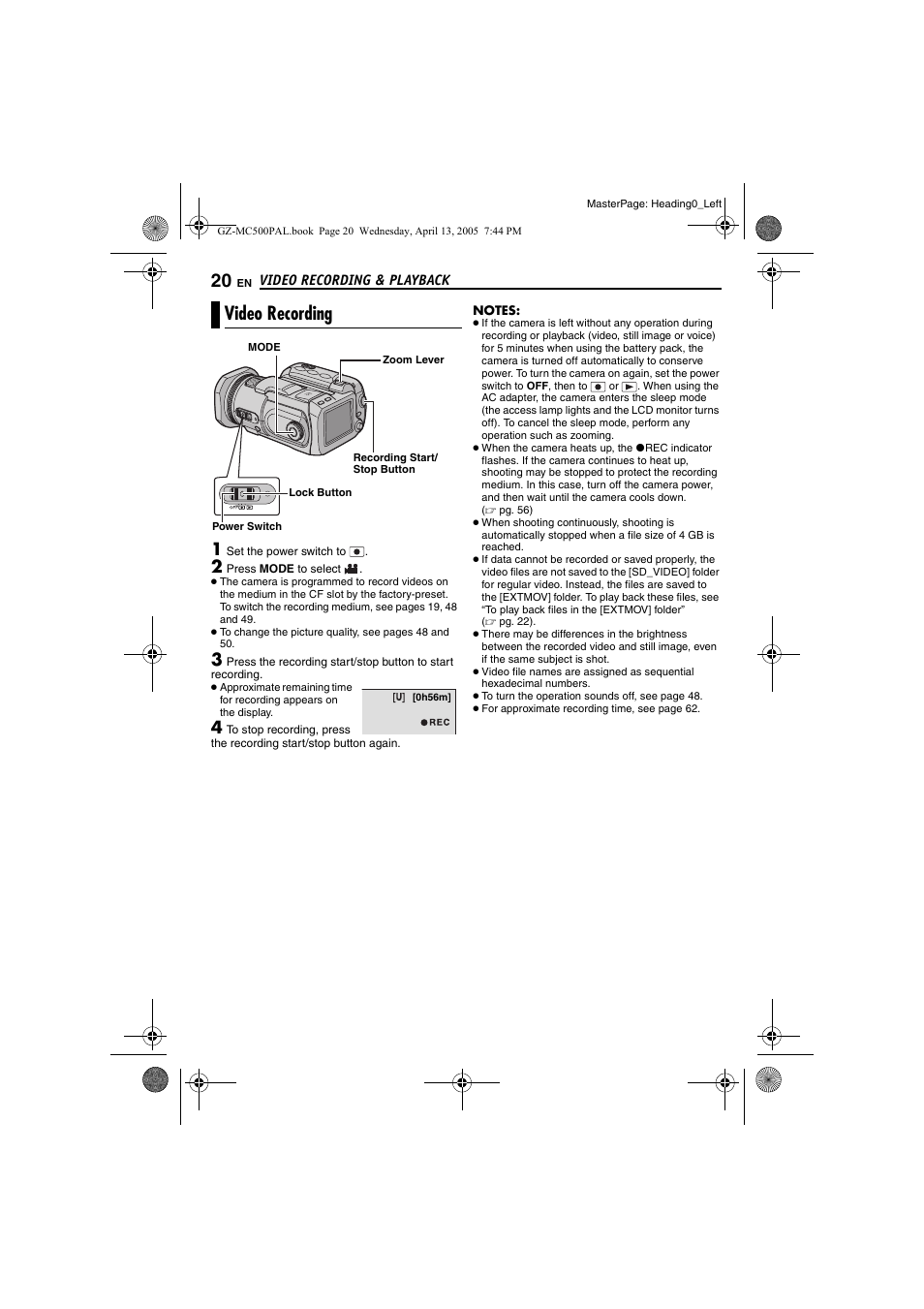 Video recording & playback, Video recording, Pg. 20, 2 | Maining time (੬ pg. 20, Pg. 20) | JVC GZ-MC500E/EK User Manual | Page 20 / 64