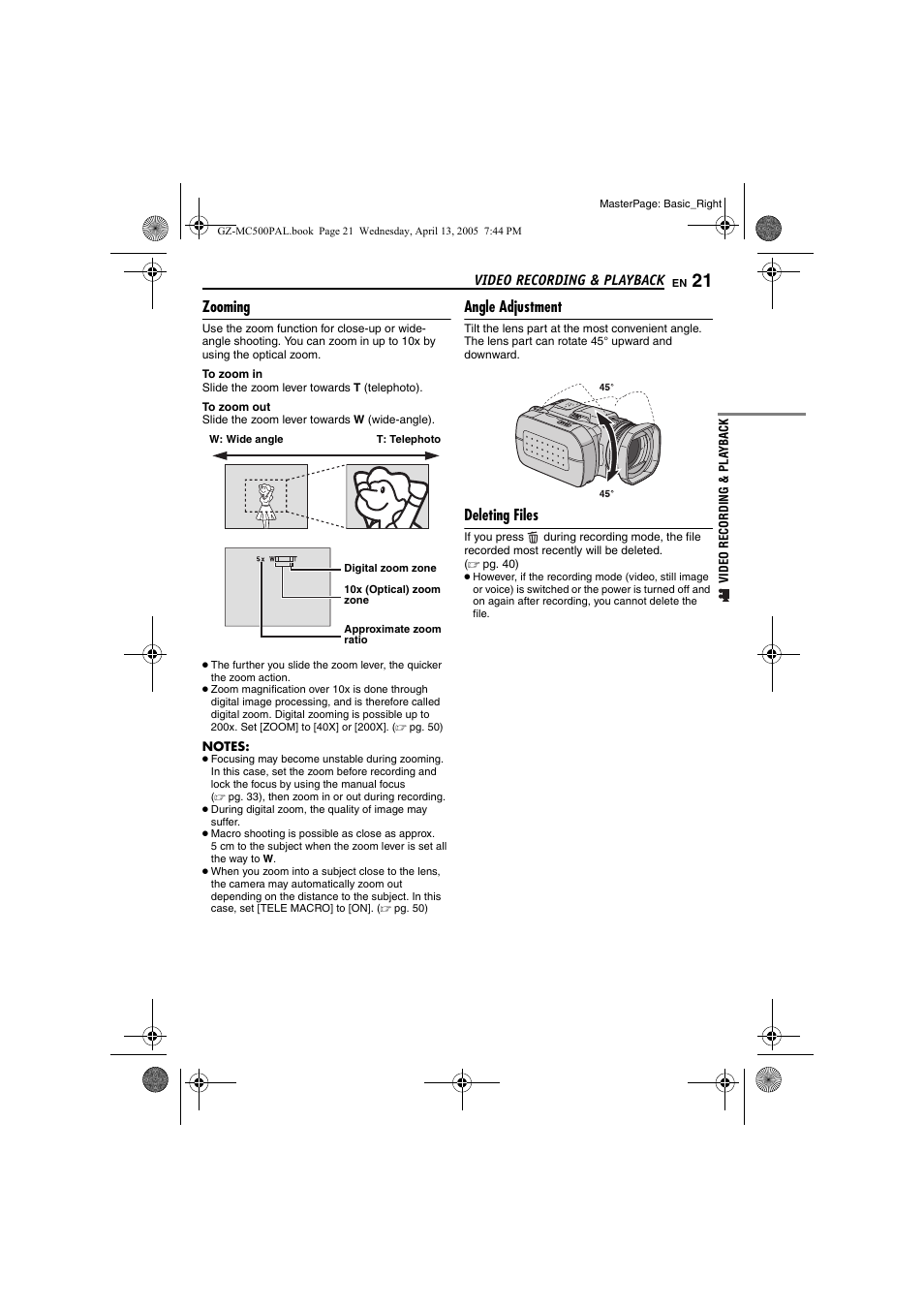 Zooming, Angle adjustment, Deleting files | Zooming angle adjustment, Pg. 21, O (੬ pg. 21, 50, R (੬ pg. 21 | JVC GZ-MC500E/EK User Manual | Page 21 / 64