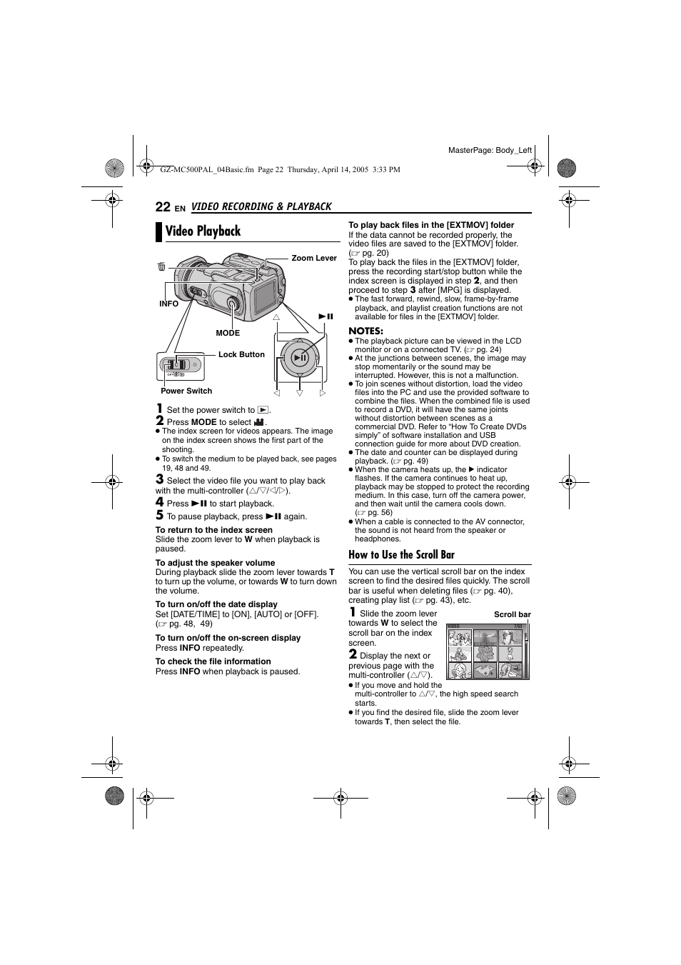 Video playback, How to use the scroll bar, Pg. 22, 3 | Pg. 22, 2, Pg. 22), Pg. 22, To play back files in the [extmov] folder | JVC GZ-MC500E/EK User Manual | Page 22 / 64