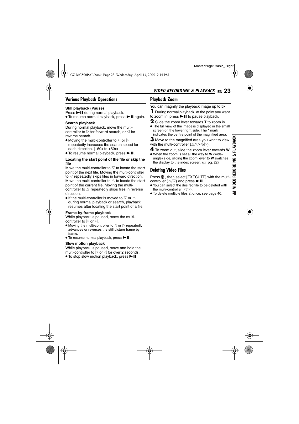 Various playback operations, Playback zoom, Deleting video files | Various playback operations playback zoom, Pg. 23) | JVC GZ-MC500E/EK User Manual | Page 23 / 64