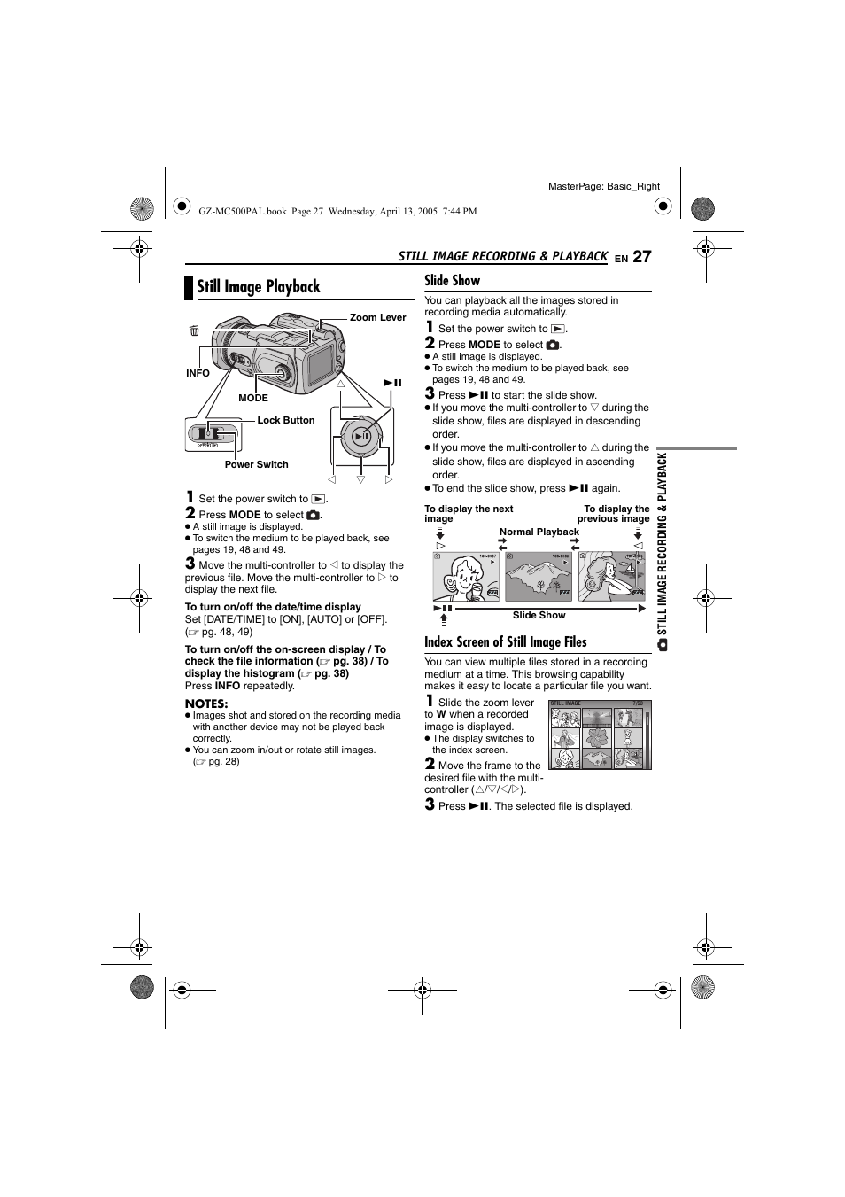 Still image playback, Slide show, Index screen of still image files | Slide show index screen of still image files, R (੬ pg. 27) | JVC GZ-MC500E/EK User Manual | Page 27 / 64