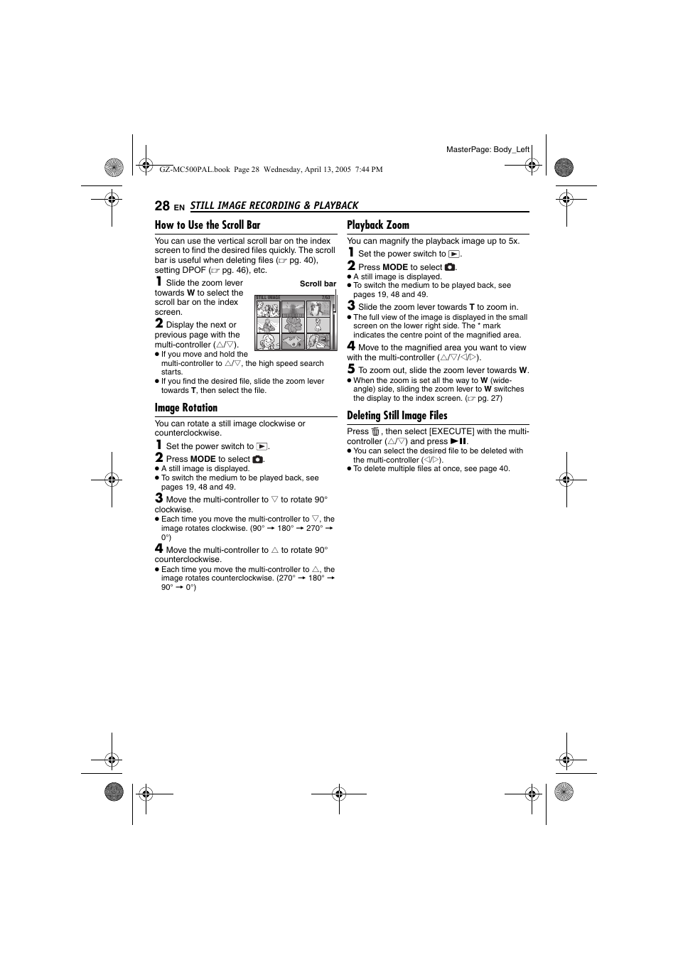 How to use the scroll bar, Image rotation, Playback zoom | Deleting still image files, Pg. 28) | JVC GZ-MC500E/EK User Manual | Page 28 / 64