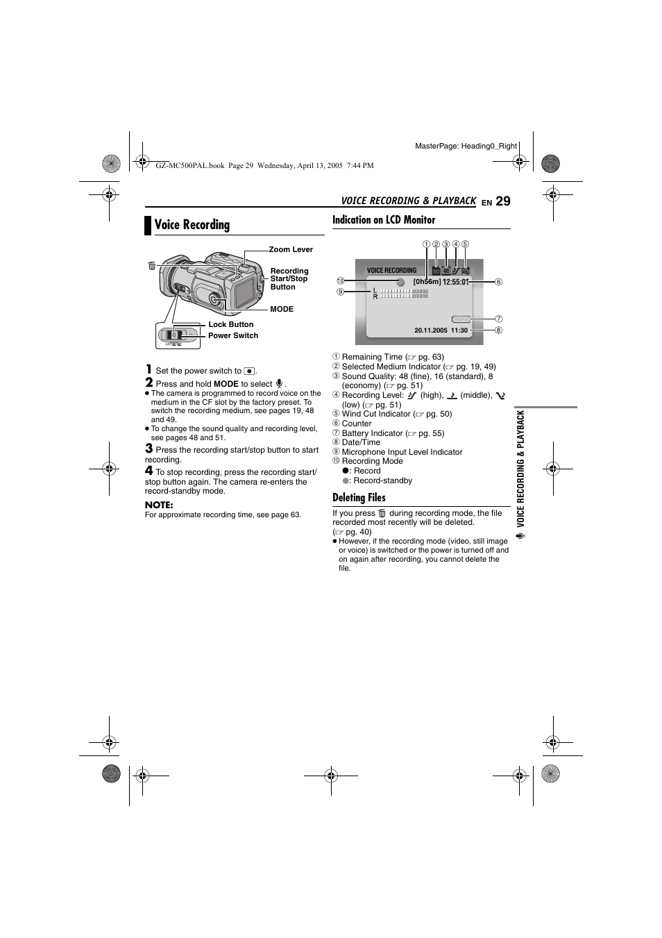 Voice recording & playback, Voice recording, Indication on lcd monitor | Deleting files, Pg. 29), E 29 | JVC GZ-MC500E/EK User Manual | Page 29 / 64