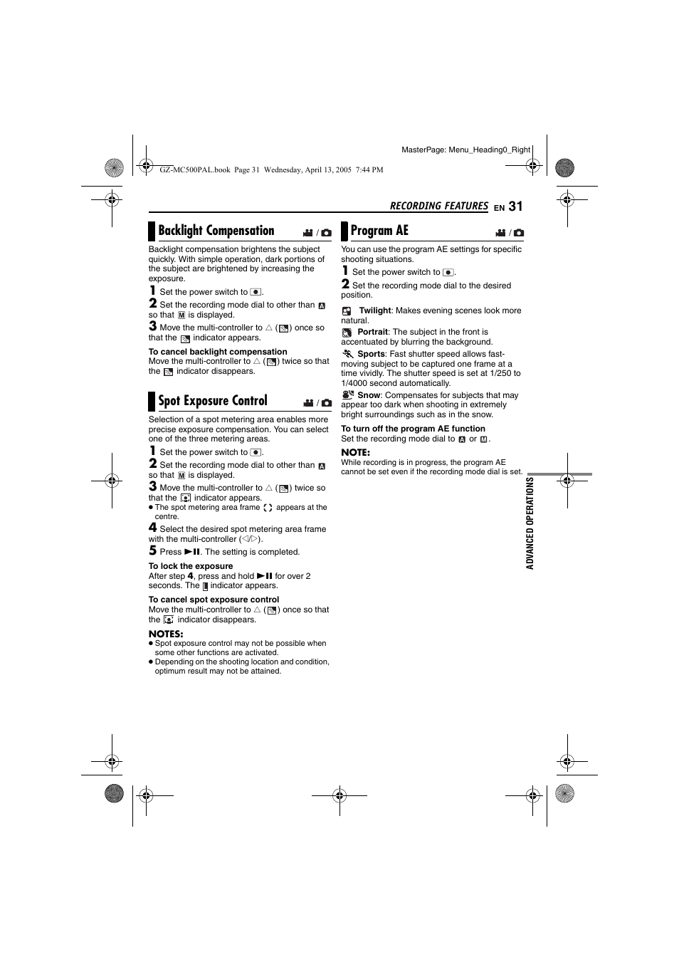 Recording features, Backlight compensation, Spot exposure control | Program ae, Pg. 31, Pg. 31), R (੬ pg. 31) | JVC GZ-MC500E/EK User Manual | Page 31 / 64