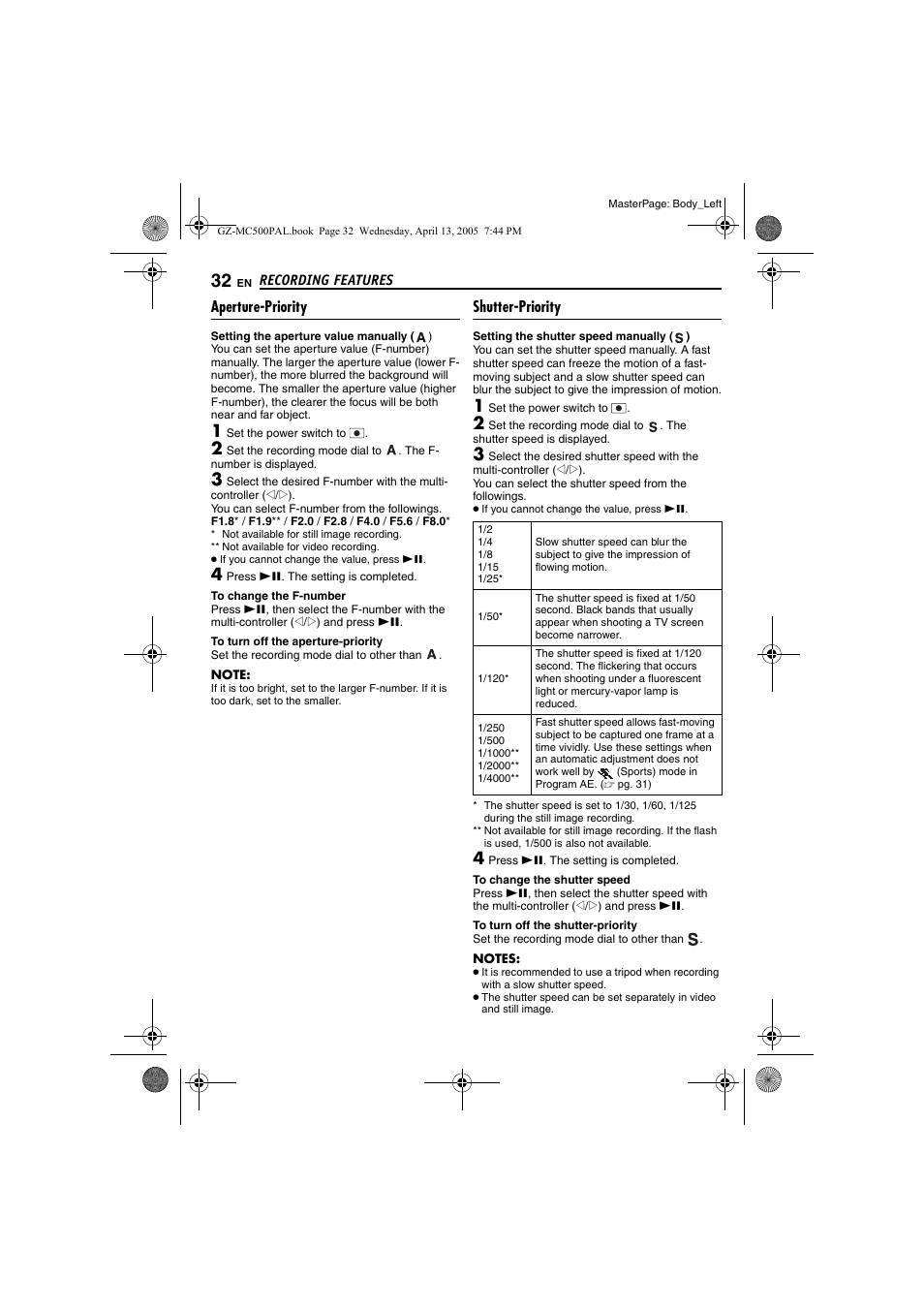 Aperture-priority, Shutter-priority, Pg. 32) | JVC GZ-MC500E/EK User Manual | Page 32 / 64