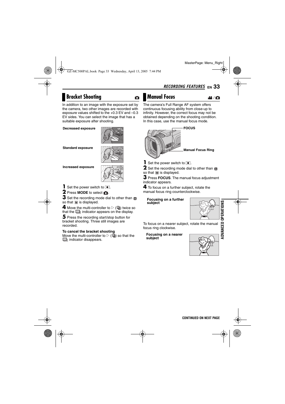 Bracket shooting, Manual focus, Focus] (੬ pg. 33) | Ng (੬ pg. 33), Pg. 33) | JVC GZ-MC500E/EK User Manual | Page 33 / 64